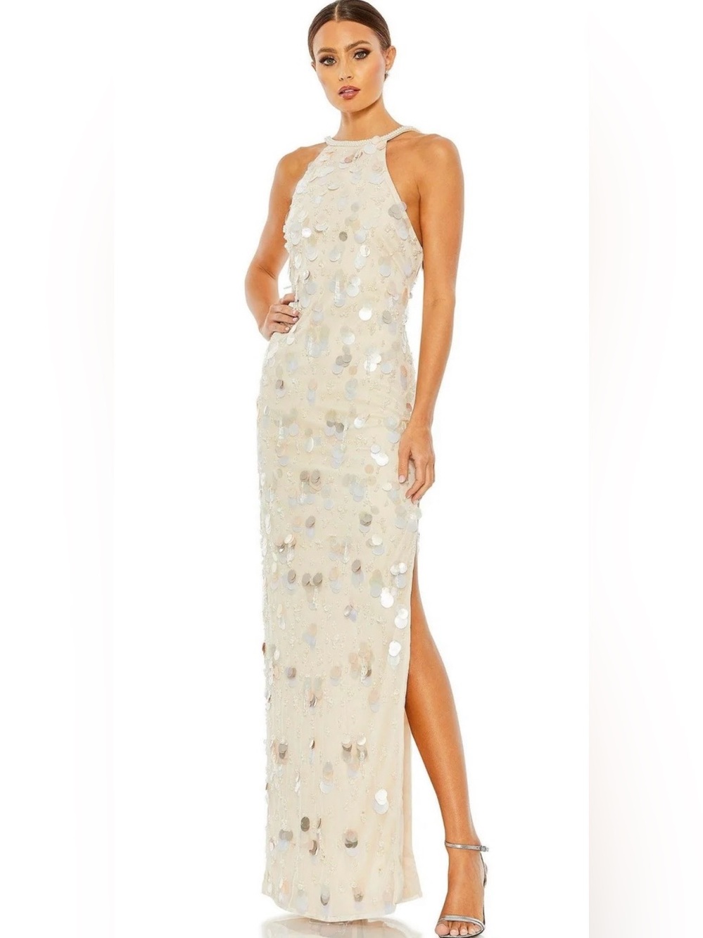Mac Duggal Cream Sequin Halter Maxi Gown